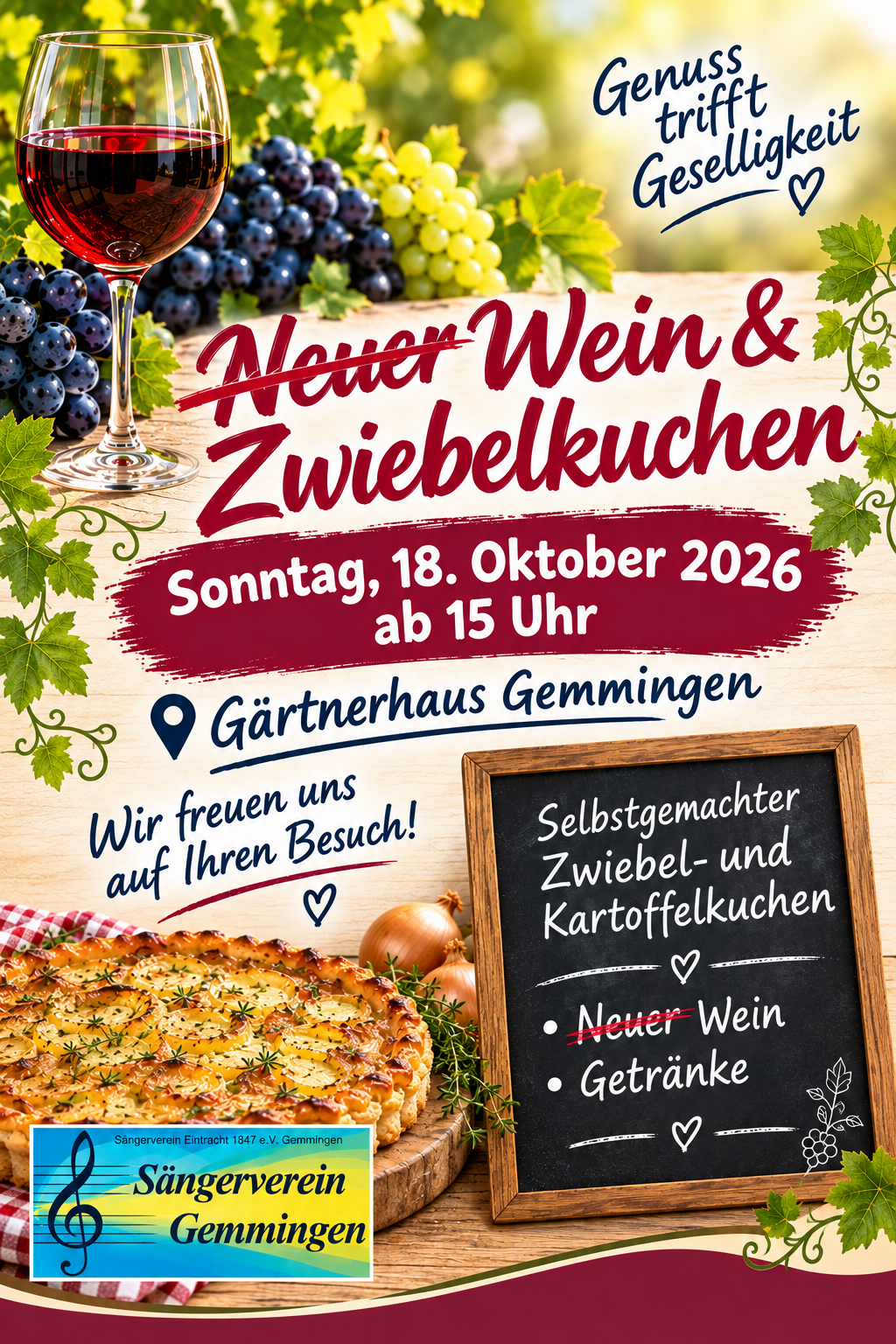 Plakat zum Zwiebelkuchenfest am Sonntag, 18. Oktober 2026, ab 15 Uhr im Gärtnerhaus Gemmingen